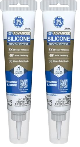 Image of GE Advanced Silicone Caulk for Window & Door, White, 2.8 fl oz Tube - 100% Waterproof Silicone Sealant, 5X Stronger Adhesion, Freeze & Sun Proof,(Pack of 2)