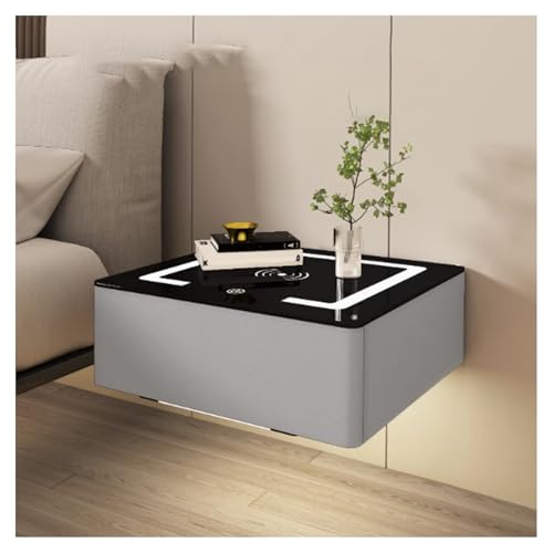 Table de chevet murale moderne à LED avec station de charge et tiroir flottant en verre
