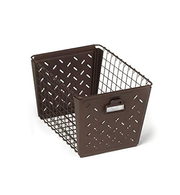Spectrum Diversified Macklin, Stamped Steel & Wire Basket for Closet & Cubby Storage Vintage-Inspired Design with Customizable Label Plate, Medium, Bronze