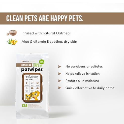 Image of Petkin Oatmeal Mega Valu-Pack Petwipes for Dogs and Cats, Wipes Away Daily Dirt and Odor, Cleans Face, Ears, Body and Eye Area, Super Convenient, Ideal for Home or Travel 125 Wipes | Oatmeal Mega Pet Wipes