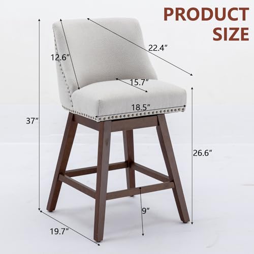 Majnesvon Sillas de Barra Giratorias Juego de 2, 26" de Altura de Asiento, Taburetes Tapizados con Patas de Madera Maciza y Respaldo para Isla de Cocina Comedor y Pub (Beige) miniatura 2