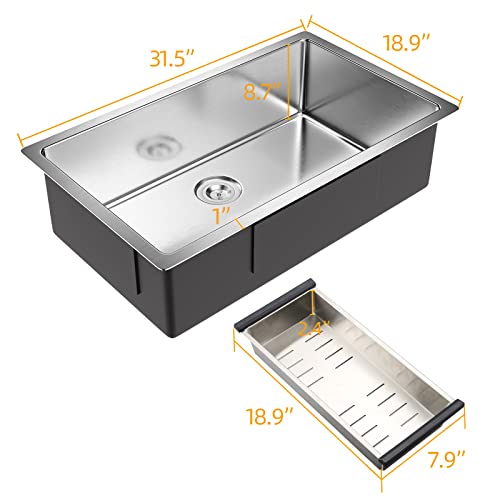Essbhach Kitchen Sink, 32 Inch Undermount 16 Gauge Single Bowl Kitchen Sinks, 304 Stainless Steel Sink With Drain Strainer And Accessories #TOP1