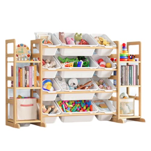 Beauenty Kids Toy Storage with 4 Tiers 12 Bins Large Capacity Wooden Toy Shelf with Bookshelves Smooth Edge Design for Child Safety Modern Storage Rack for Playroom Bedroom Kids Room (A)