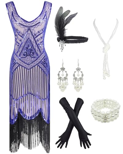 1920s Gatsby Sequin Fringed Paisley Flapper Dress with 20s Accessories Set (3XL, Style Snow Blue)