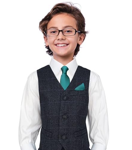 Image of Boy's Solid Tie with Pocket Square Set, Regular Necktie for Children and Kids, Self-Tied