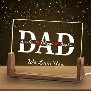 Personalized Fathers Day Dad Sign Gifts for Dad Husband from Daughter Son Wife Kids, Custom Acrylic Plaque with Name LED Light Walnut Base, Customized Christmas Birthday Decoration