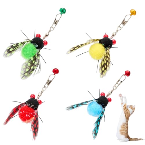 ZORVYN 4 Pièces Jouet Interactif pour Chat, Jouet à Plumes en Forme d'Insecte avec Cloches, Accessoires de Canne à Pêche pour Chat, Ailes en Plumes