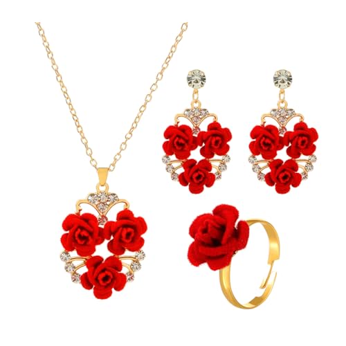 FDEETY Rosa Roja Flores Juegos de Joyas para Mujer Niña Collar Pendientes y Anillo de Rosas Juego de Joyas para Boda Prom Novia Fiesta
