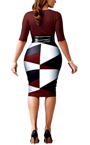 Image of Women's Elegant Bodycon Print Twist Front Workwear Midi Pencil Dress | This versatile bodycon dress is perfect for work, office, business casual, dating, parties, and weekend outings.