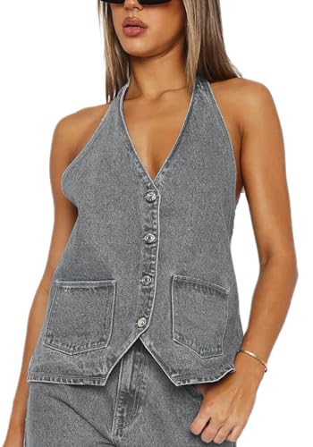 KMBANGI Women Fashion Denim Vest Halter V Neck Button Down Sleeveless Jean Tank Top Open Back Sexy Vests Trendy