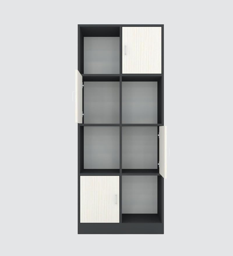 Image of SPECIALITY PANELS 8 Cube Bookcase with 4 Shutters, Black and Beige, 73x35x176 cm, Modern Storage Organizer Shelf