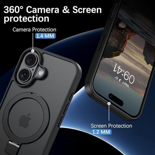 Image of DOMAVER Magnetic for iPhone 17 Case [Compatible with MagSafe] with Ring Holder Stand, Matte Translucent Slim Shockproof Protective Phone Case for iPhone 17 Pro 6.3 Inch, Black