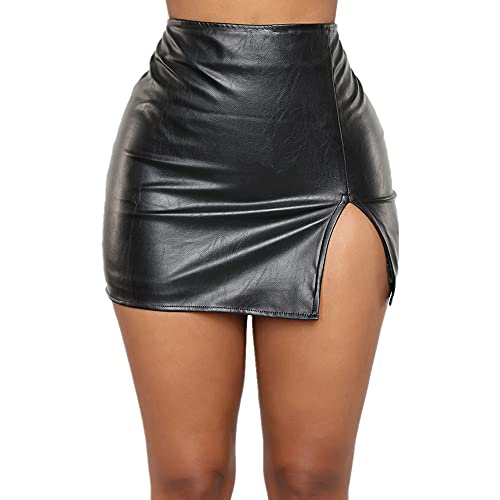 Pelisy Mujer Sexy Cintura Alta Cortas Faldas de Cuero Moda Slim Wrap Zipper Split PU Minifalda
