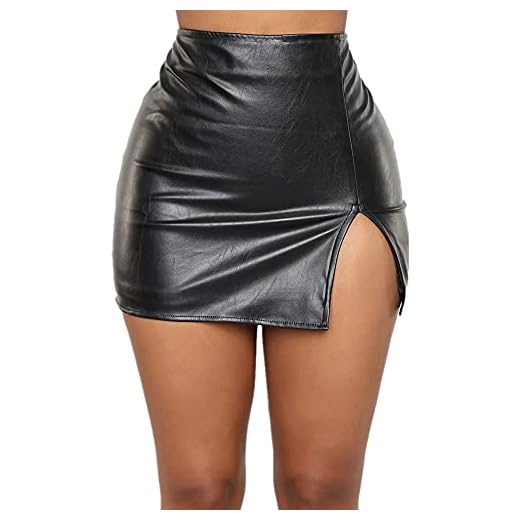 Pelisy Mujer Sexy Cintura Alta Cortas Faldas de Cuero Moda Slim Wrap Zipper Split PU Minifalda