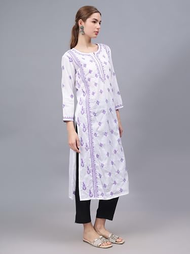 Image of Seva Chikan Hand Embroidered Lucknowi Chikankari Cotton Straight Kurta for Women SCL4567