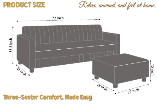 Image of 3 Seater Velvet Sofa with Ottoman | Modern Upholstered Couch | Comfortable Living Room Sofa | Durable & Stylish Seating for Home, Office & Guest Room - Grey Color