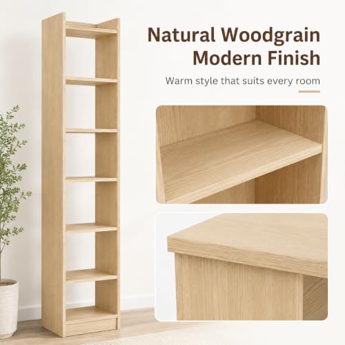 Image of FURLAY SlimTower 180 cm Tall Bookshelf, 6-Tier Slim Open Shelf Organizer, Space Saving Book Rack for Bedroom, Study Room, Living Room, Office, Kids Room & Decor Storage (FWBS7L-Classic Oak)