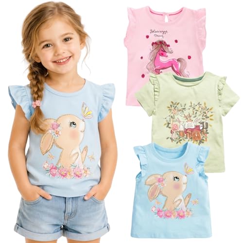 Image of Girls Graphic T Shirts 3 Pack 100% Cotton Short Sleeve Tees for Toddler Little Big Girls Cute Printed Casual Summer Tops