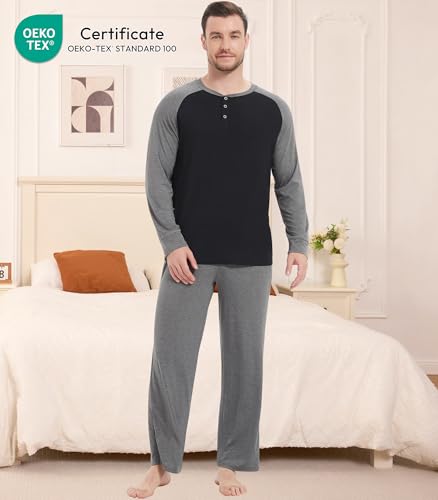 Image of NACHILA Mens Pajamas Set Viscose Made from Bamboo Henley Top Sleep Pants | Henley Top,Soft pants,Tagless Comfort,Moisture Wicking,Ultra silky, All season Loungewear Set, Jogger Sweatpant,Match set