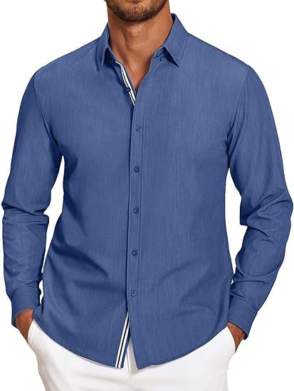 COOFANDY Herren Hemd Langarm Button Down Hemden für Männer Stretch Casual Herrenhemden Regular Fit Freizeithemden Denim Blau XL