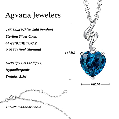Agvana Necklaces For Women 14K Solid White Gold Diamond Blue Topaz Heart Pendant Necklace With Sterling Silver Chain December Birthstone Jewelry For Women Anniversary Birthday Gifts For Women Mom Wife #TOP5