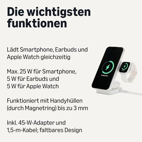 Amazon Basics MagSafe-Ladestation, Qi2.2-Zertifiziertes Kabelloses 3-in-1-Ladegerät, 25W, Faltbarer Ständer für iPhone 17/16/15/14/13/12… – Ansicht 2