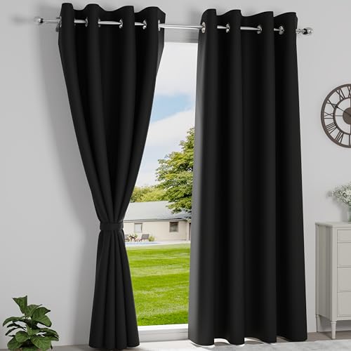 Image of Wakefit Solid Blackout Door Curtains 7 Feet | Set of 2 | Upto 99% Room Darkening Faux Silk Drapes | Thermal Insulated & Noise Reducing Curtains for Living Room & Home Decor | Black