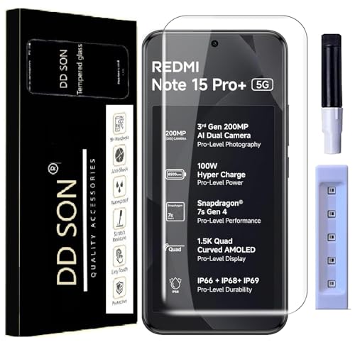 Image of DD SON HD+ UV Tempered Glass Screen Protector Guard Compatible For Redmi Note 15 Pro Plus 5G (6.83 Inch, Pack of 1) Full Adhesive UV Curved Case Friendly HD Clarity with easy installation kit