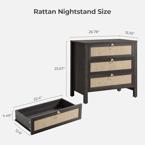 Image of SICOTAS Night Stand with Drawers, Large Rattan Bedside Table with Golden Handle, 3 Drawers Nightstand Tall End Table Side Table Boho Nightstand for Bedroom