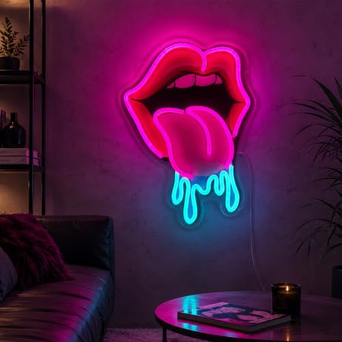 Image of Lips Tongue Neon Sign LED Neon Lights for Wall Decor, Party Decoration, Bar, Bedroom, Game Room, Man Cave, Aesthetic Neon Light Sign Gift for Friends, Couples, and Trendy Room Decor