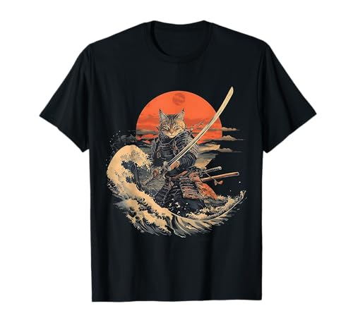 Grafica a inchiostro Samurai Cat Warrior Ukiyo Cat Samurai Warrior Maglietta