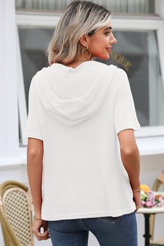 Image of Dokotoo Womens Summer Tops Waffle Knit Short Sleeve Lightweight Drawstring Hoodies Button V Neck Casual Blouses Shirts