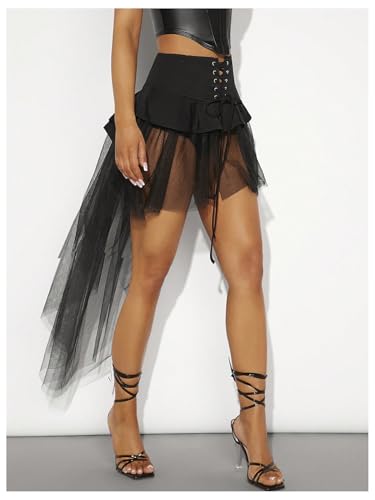 MakeMeChic Women's Mesh Tulle Skirt High Low Ruffle Lace Up Grunge Punk Skirts3