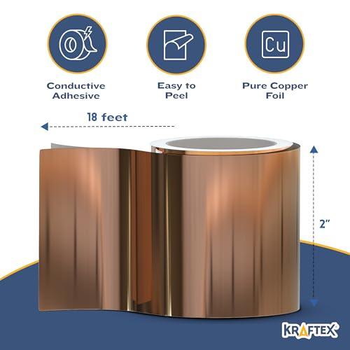 Image of Kraftex Copper Tape [2 Inch x 33ft]. Conductive Adhesive use as Copper Tape for Slugs, Copper Shielding Tape for Guitars, Faraday Tape or Copper Flashing roll.