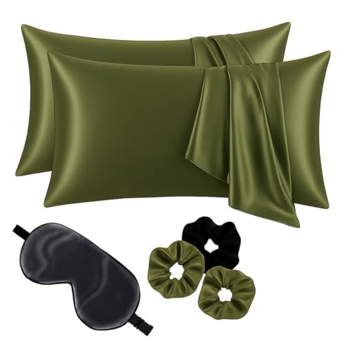 Image of Premium Satin Pillowcase Set of 2 with Eye Mask & 3 Scrunchies | Silky Soft, Anti-Frizz, Skin & Hair Care Sleep Set | Luxury Gift Combo for Women & Girls (Olive)
