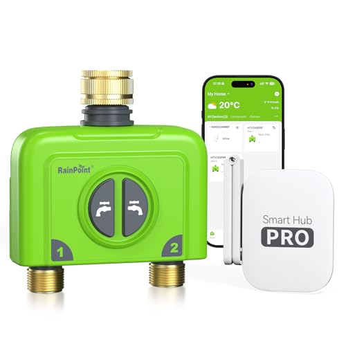 RAINPOINT Bewässerungscomputer WLAN 2 Ausgänge Messing EIN- und Auslass Smart Bewässerungsuhr Garten Auto Bewässerung mit Wetter-/Bodenbasierte APP/Sprachsteuerung 2x6 Zeitplänen(Antennen Gateway)