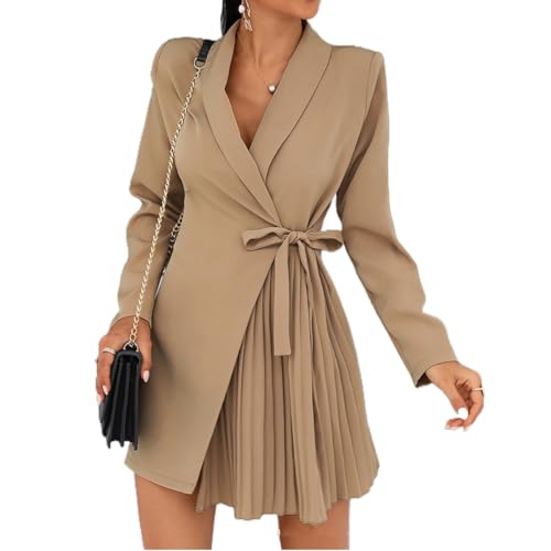 Women's Autumn and Winter Lace Up Pleats Suit Style Dress Business Waist Cardigan Jacket Dress Mini Casual Dress