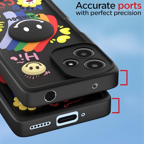 Image of Pikkme Back Cover for Redmi 12 5G / Poco M6 Pro 5G | Soft Silicone| Cute Rainbow Smile & 3D Cartoon Flower Design | Shockproof Raised Camera Protection Bumper Case (Black)