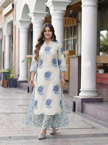 Image of ANNI Designer Women's Viscose Blend Straight Printed Kurta Palazzo Co-ord Set | Ethnic Kurti Palazzo Suit | Round Neck 3 /4 Sleeve Indian Traditional Outfit | 2 Piece Co ord Set for Women