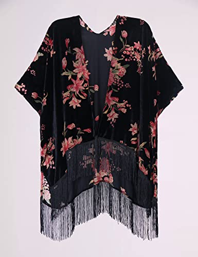 Image of MJ SERECA Women's Burnout Velvet Kimono Cardigan Cover Up with Tassel