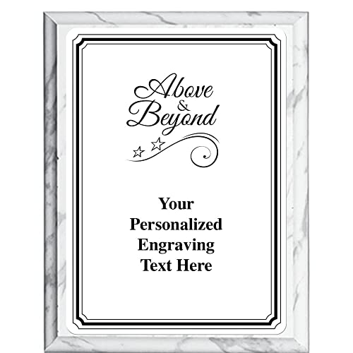 Crown Awards Above and Beyond Plaque Award, 6x8 Personalized Recognition White Metal Trophy Plate On White Marble Plaque with Custom Engraving