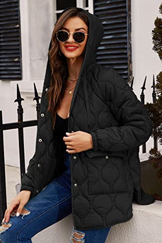 Risissida Puffer Jacket Womens Puffy Quilted Packable Lightweight Coat With Hood 2022 Fall Winter Spring Fashion, Warm Padded Thermal Anorak Hooded Waterproof Transitional Outerwear Black 12109 L #TOP4