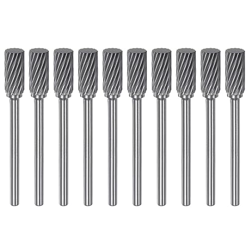 sourcing map 10pcs Carbide Rotary Burrs 1/8 (3mm) Shank 1/4 (6mm) Head Single Cut Cylindrical A Shape Die Grinder Bits Rasp Files for Hard Metal Wood Stone Polishing Engraving