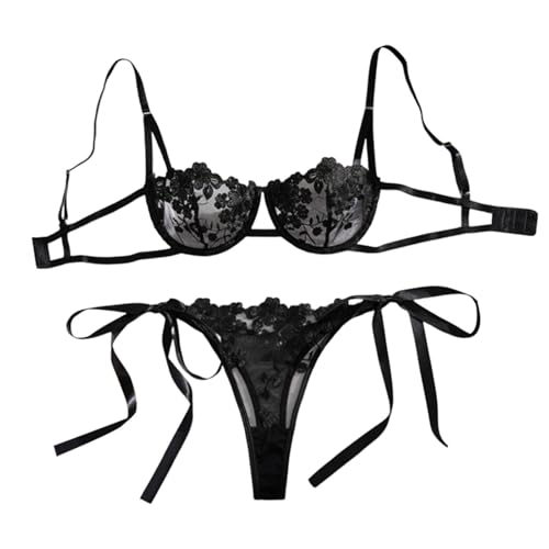 Ensemble lingerie sexy femmes rouge S, soutien-gorge dentelle florale et culotte maille brodée