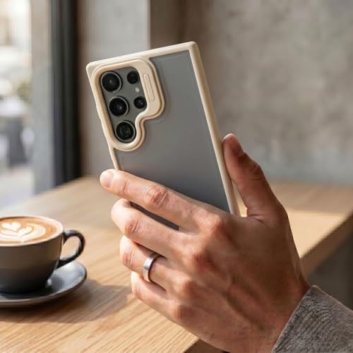 Image of amazon basics Frosted Matte Case for Samsung Galaxy S23 Ultra 5G | Built-in Flip-Out Camera Lens Stand | Translucent Back with Contrast White Bumper | Foldable Kickstand