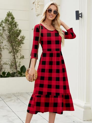 Image of Heymoments Women's Casual 3 /4 Sleeve Midi Dress Crewneck A Line Tiered Flowy Loose Travel Long Dresses with Pockets