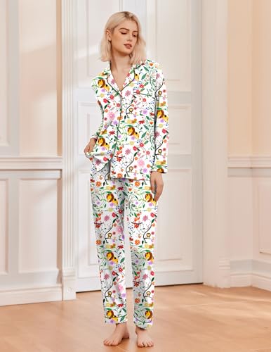 Image of Ekouaer Comfy Pajamas Set Long Sleeve Button Down Sleepwear Soft Two Piece Pjs for Women Set Casual Wear,White-Animal,L