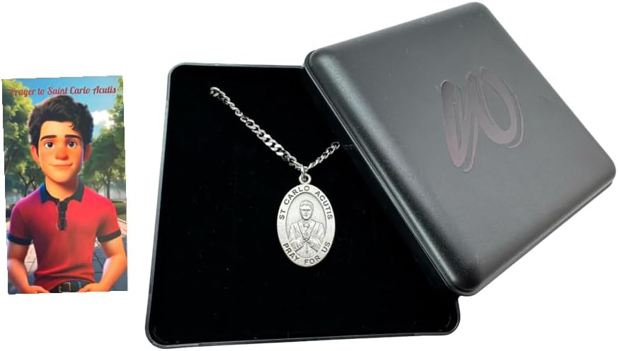 Westmon Works St Carlo Acutis Pewter Medal and Stainless Steel Necklace Set with Patron Saint of the Internet Prayer Card - Image 2
