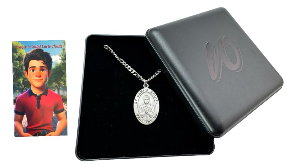 Westmon Works St Carlo Acutis Pewter Medal and Stainless Steel Necklace Set with Patron Saint of the Internet Prayer Card2
