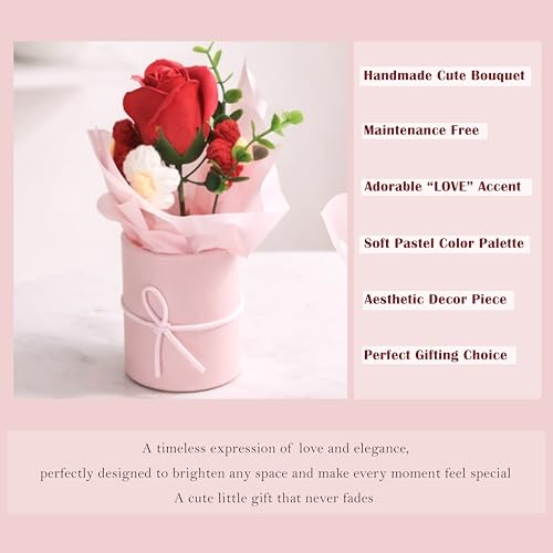 Image of Art Street Artificial Rose & Knitted Daisy Flower Bouquet in Pink Box - Handmade Decorative Floral Arrangement for Home Decor, Mothers Day Gifting, Office Table, & Anniversary